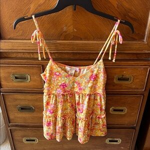 Planet Gold Yellow Floral Tie-Shoulder Camisole with Pink Accents